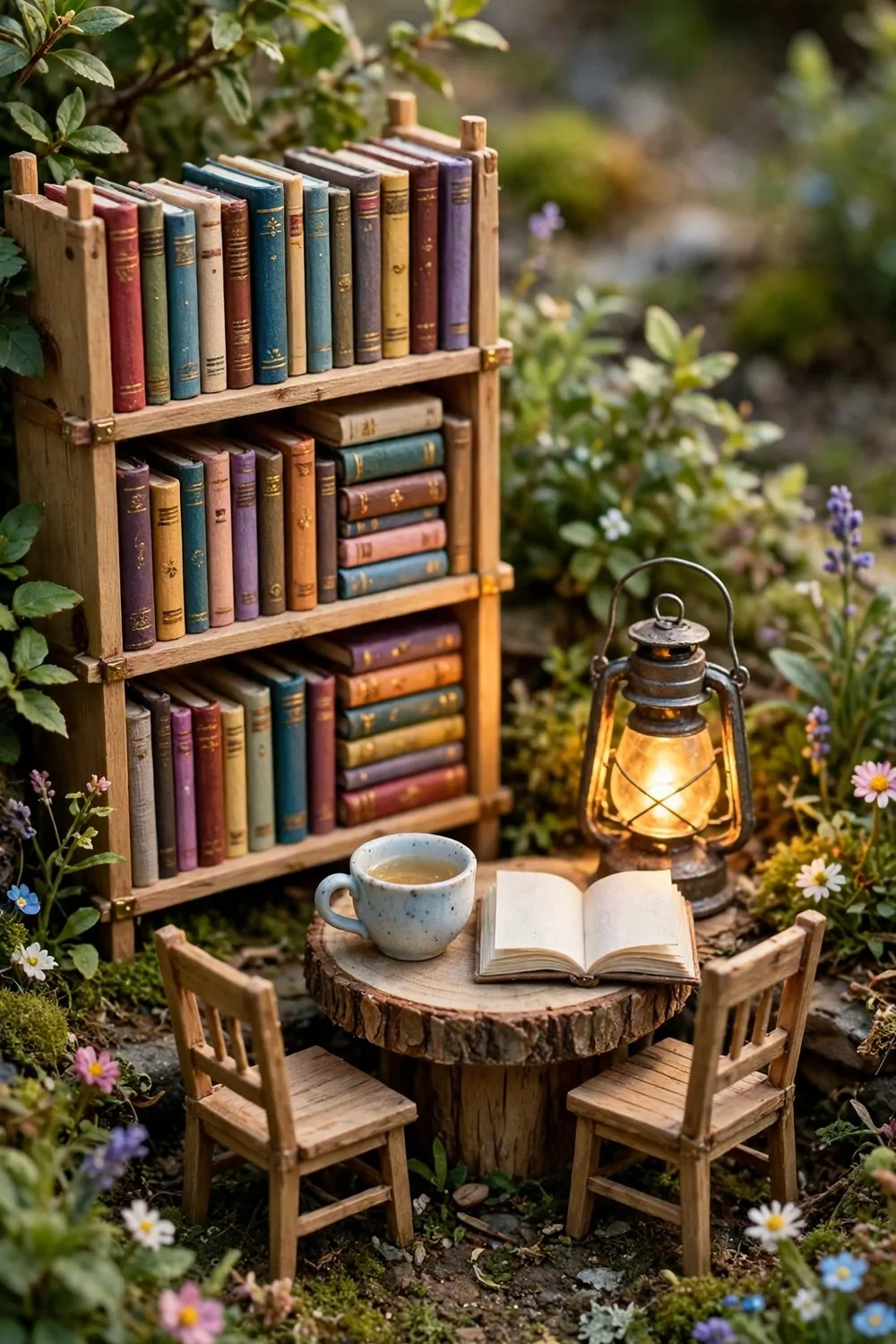 Tiny miniature outdoor reading nook with a bookshelf and log table