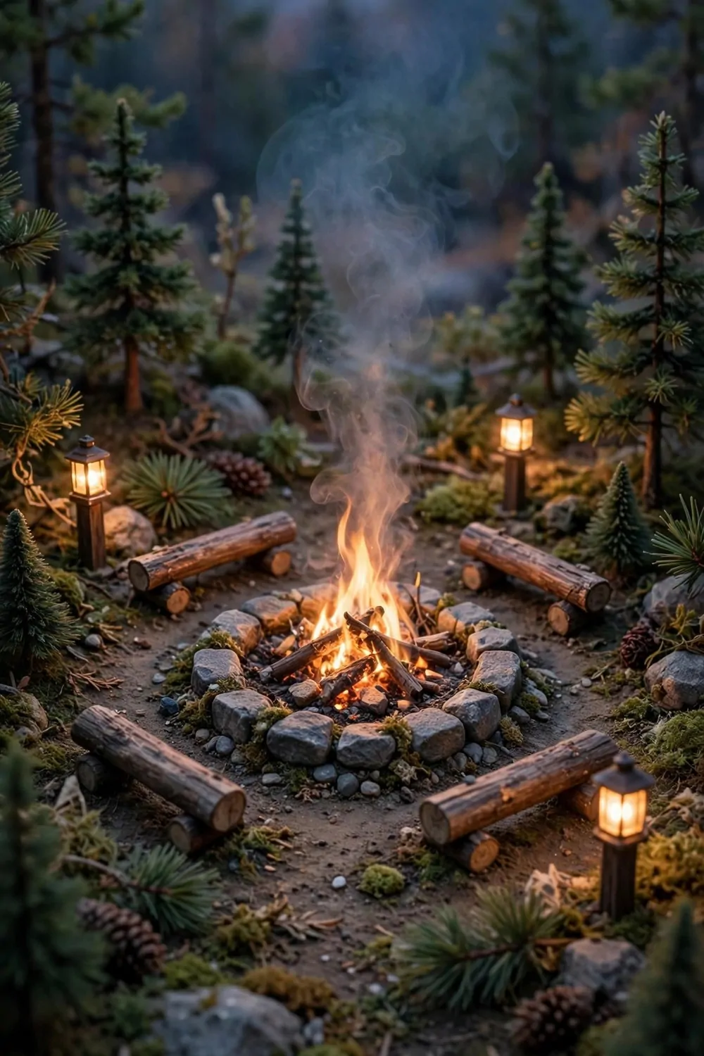 Tiny miniature campfire circle with a glowing bonfire and log benches