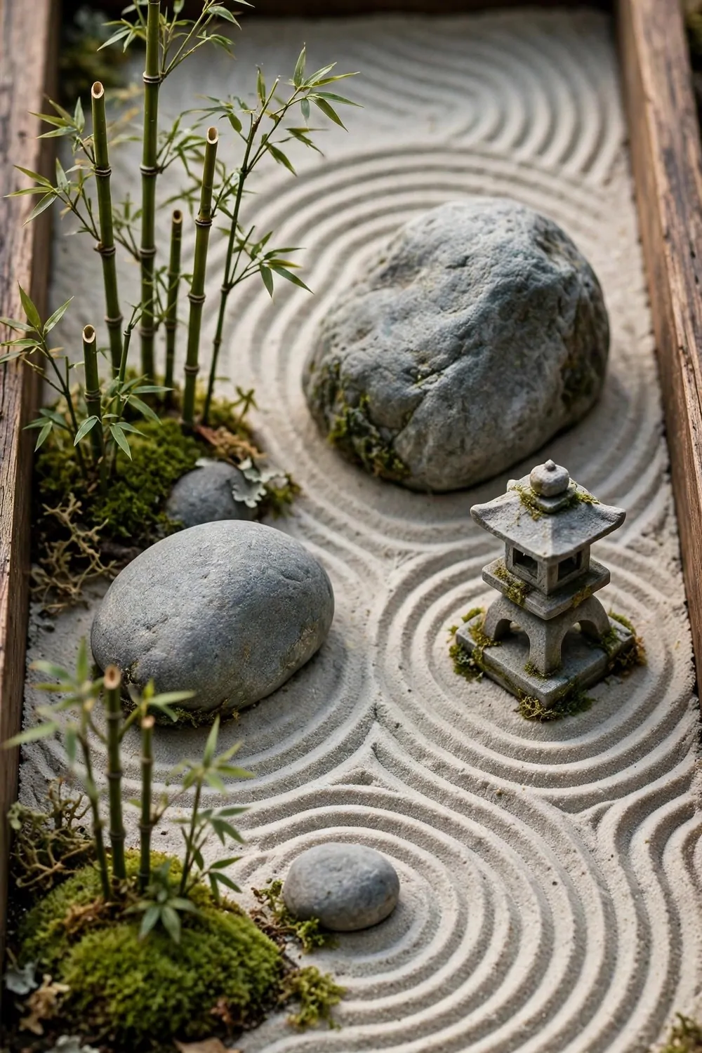 Tiny miniature Japanese zen garden with raked sand and bamboo