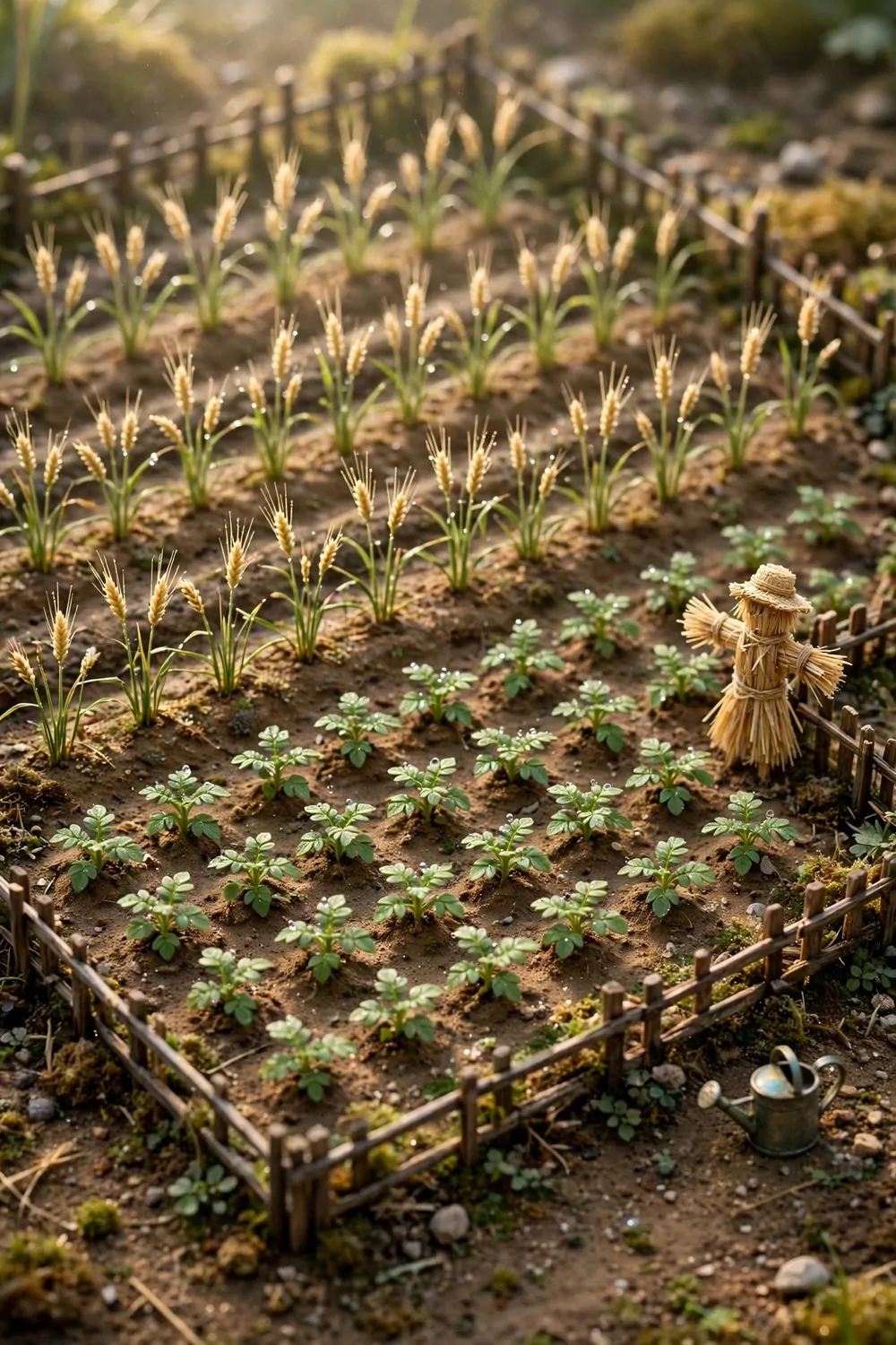 Tiny miniature vegetable farm with crop rows and a scarecrow