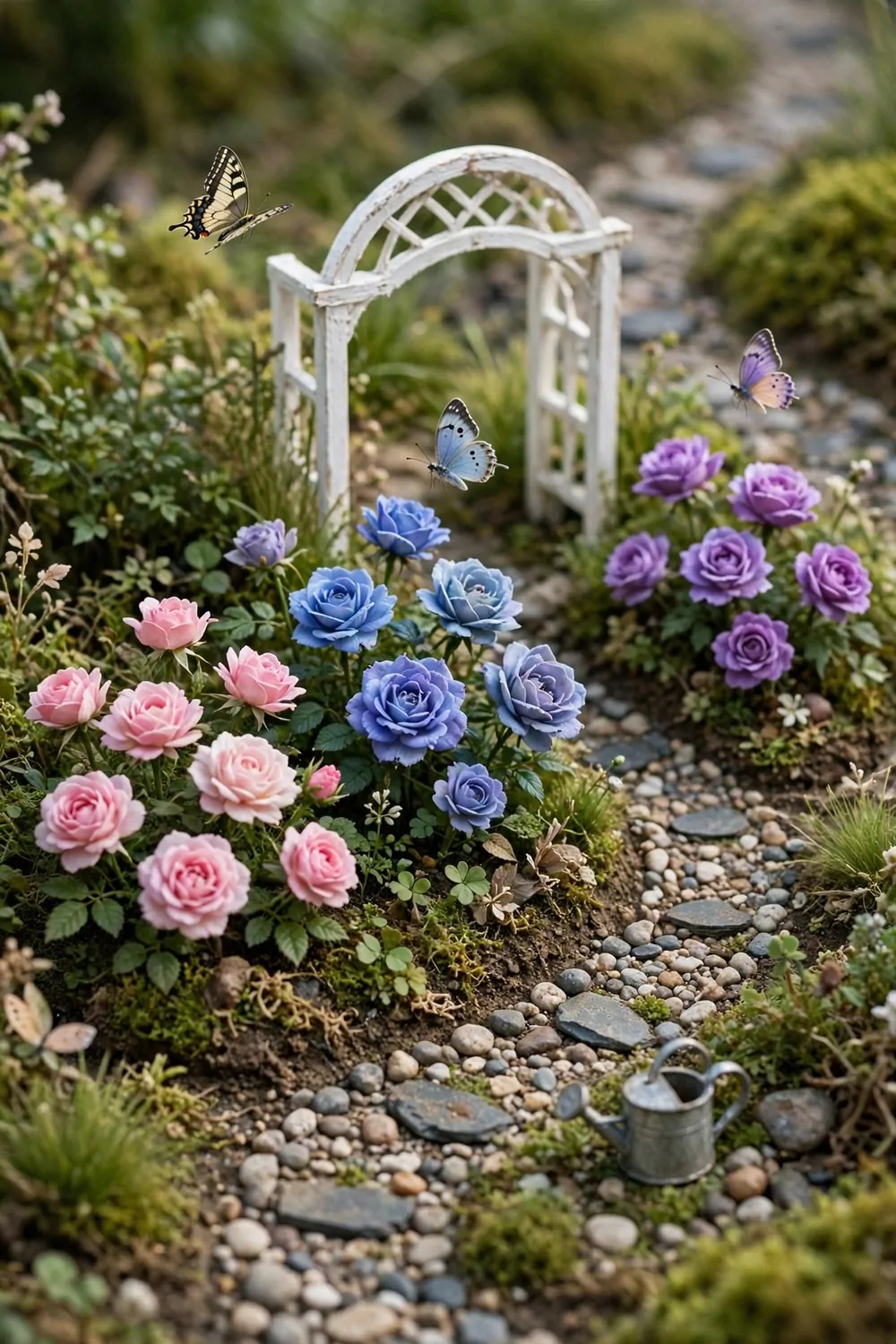 Tiny miniature flower garden with colorful hybrid roses and an arch