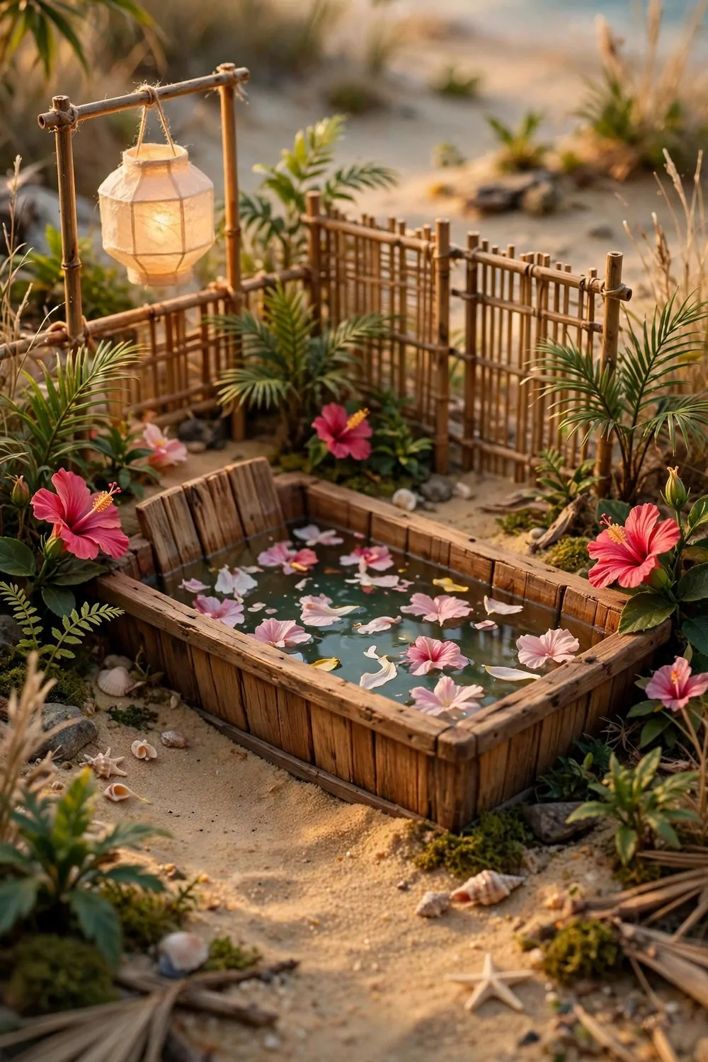 Tiny miniature beach spa corner with a wooden bathtub and flowers