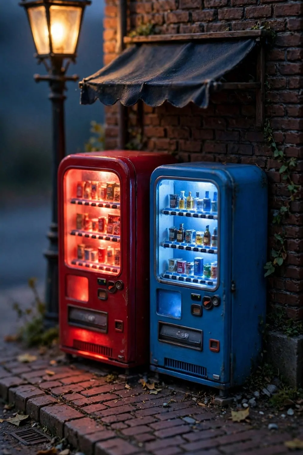 Tiny miniature city corner with glowing vending machines at dusk