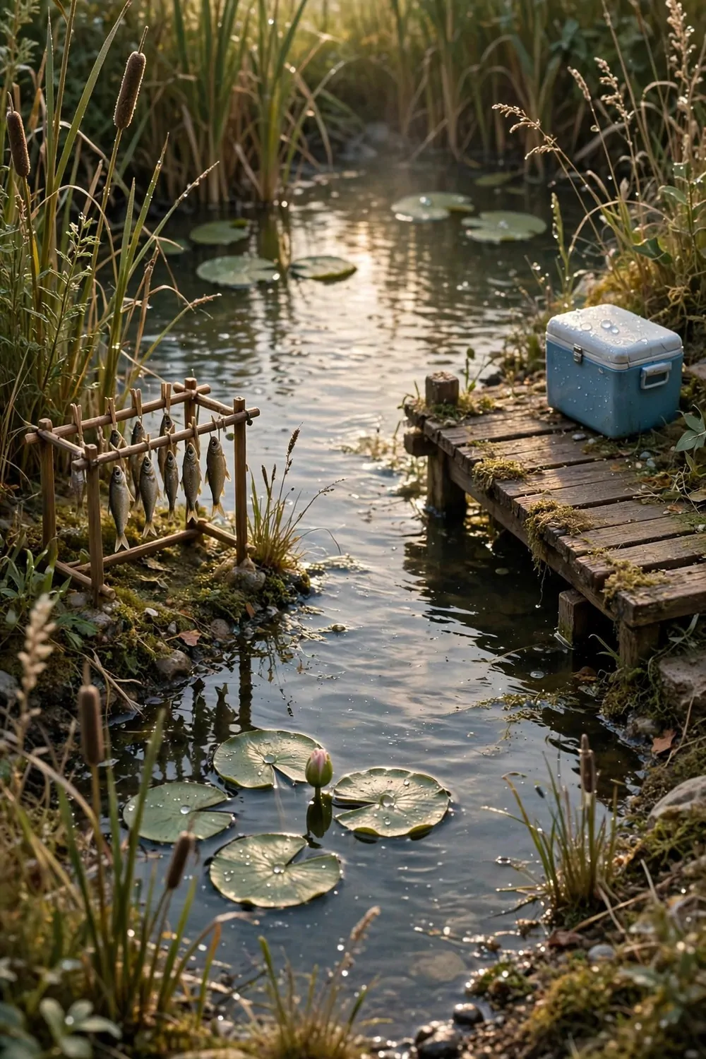 Tiny miniature fishing pond with a wooden dock and reeds