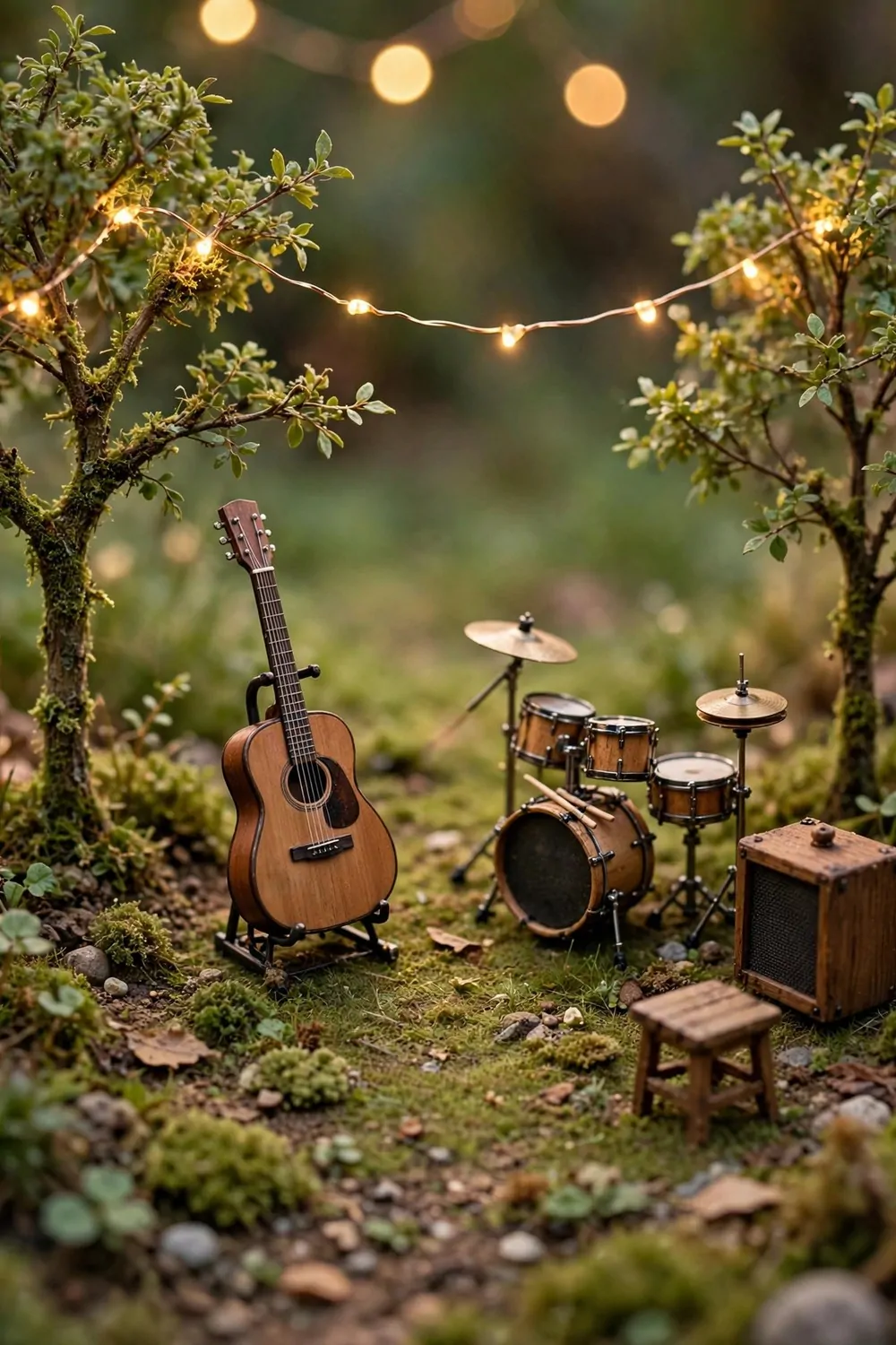Tiny miniature music corner with a guitar and drum set