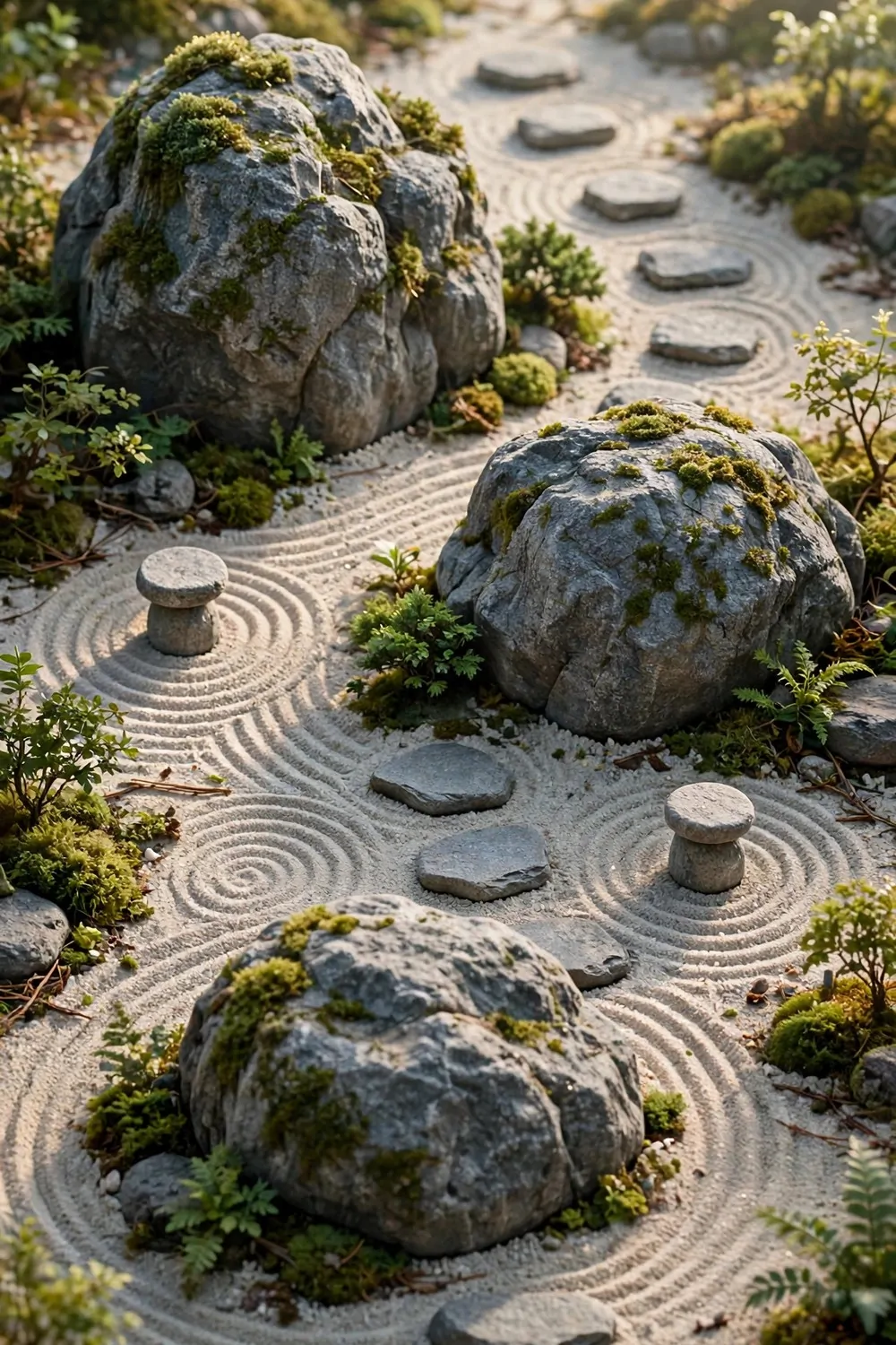 Tiny miniature rock garden with mossy gray rocks and stone stools