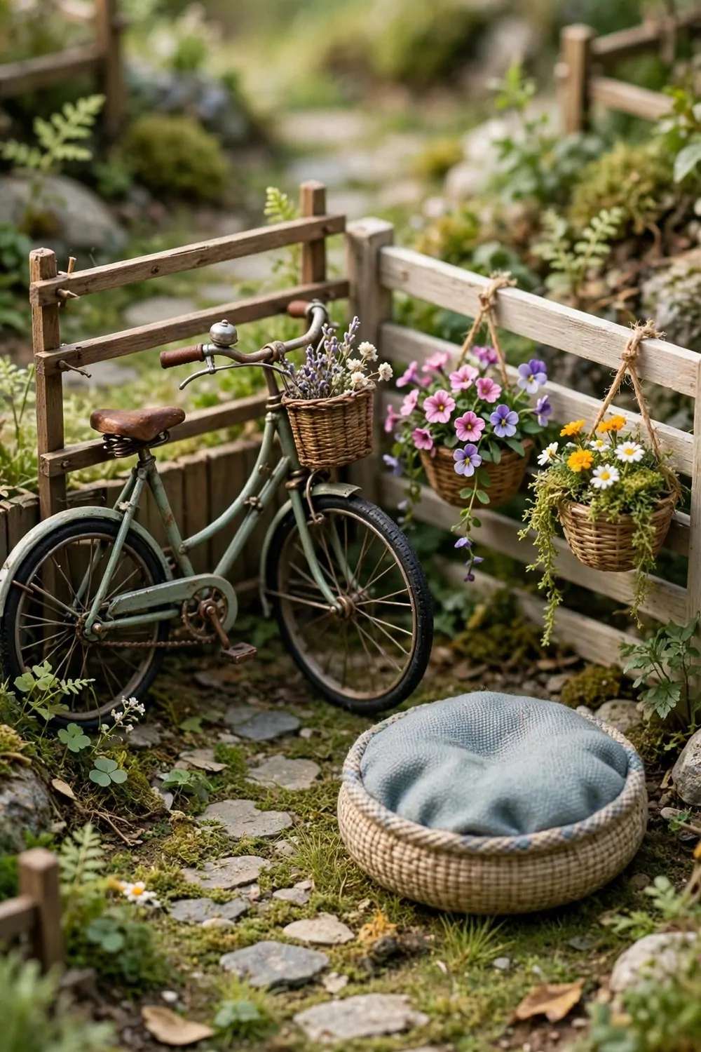 Tiny miniature bike stop with a vintage bicycle and flower baskets