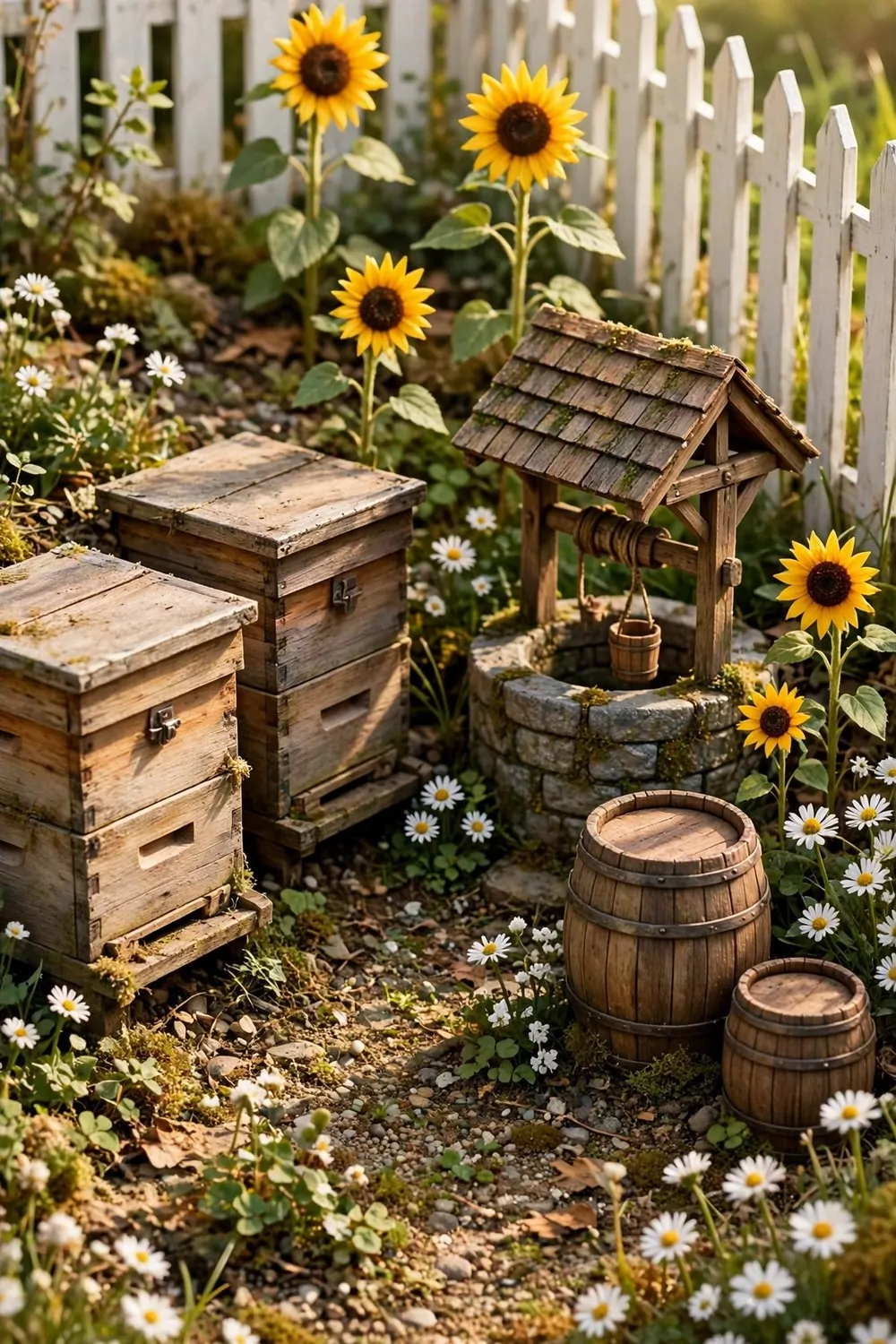 Tiny miniature cottage garden with beehives and a wishing well