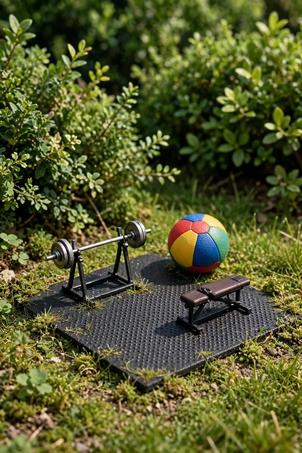 Tiny miniature outdoor gym corner with a barbell set and exercise ball
