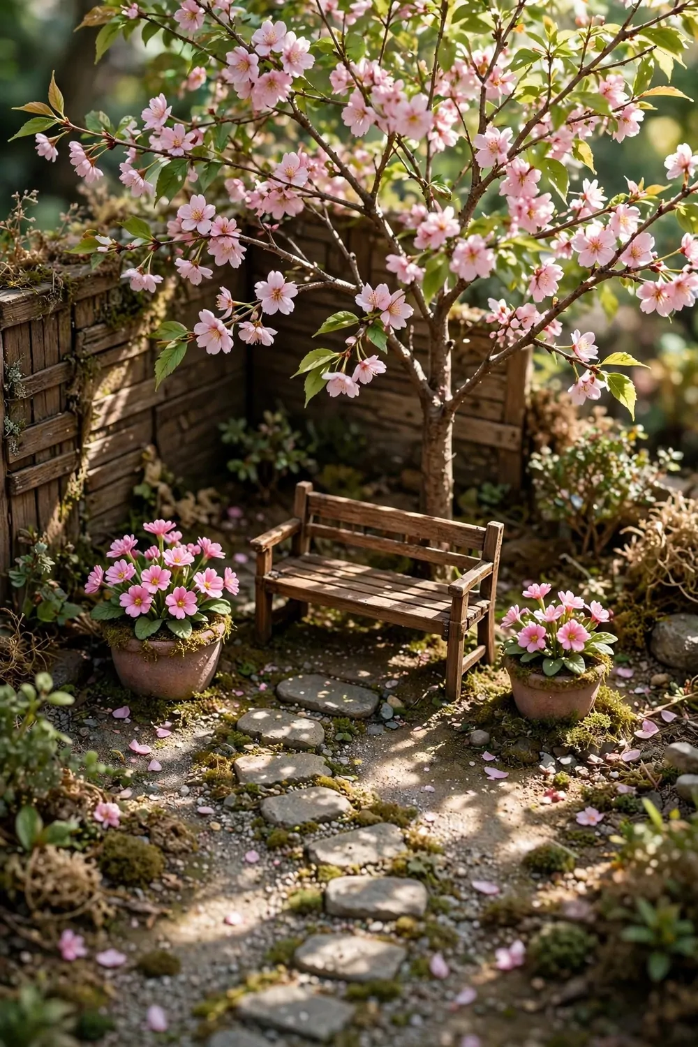 Tiny miniature cozy corner with a wooden bench under a cherry tree