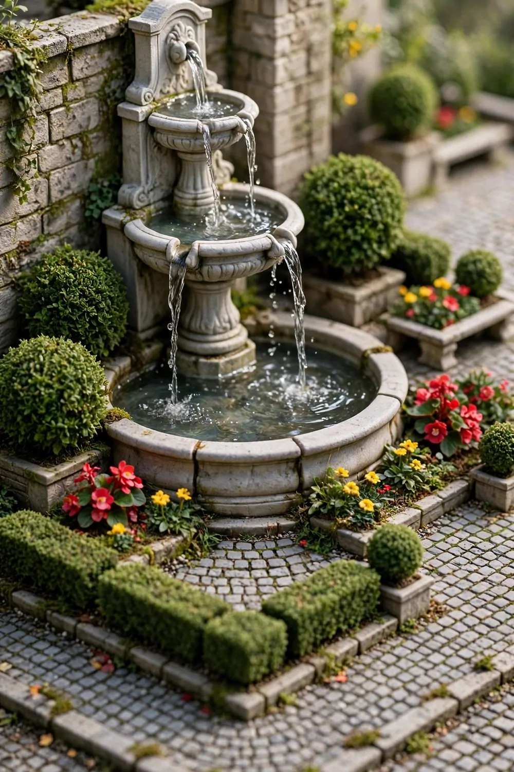 Tiny miniature plaza corner with a stone fountain and flower beds