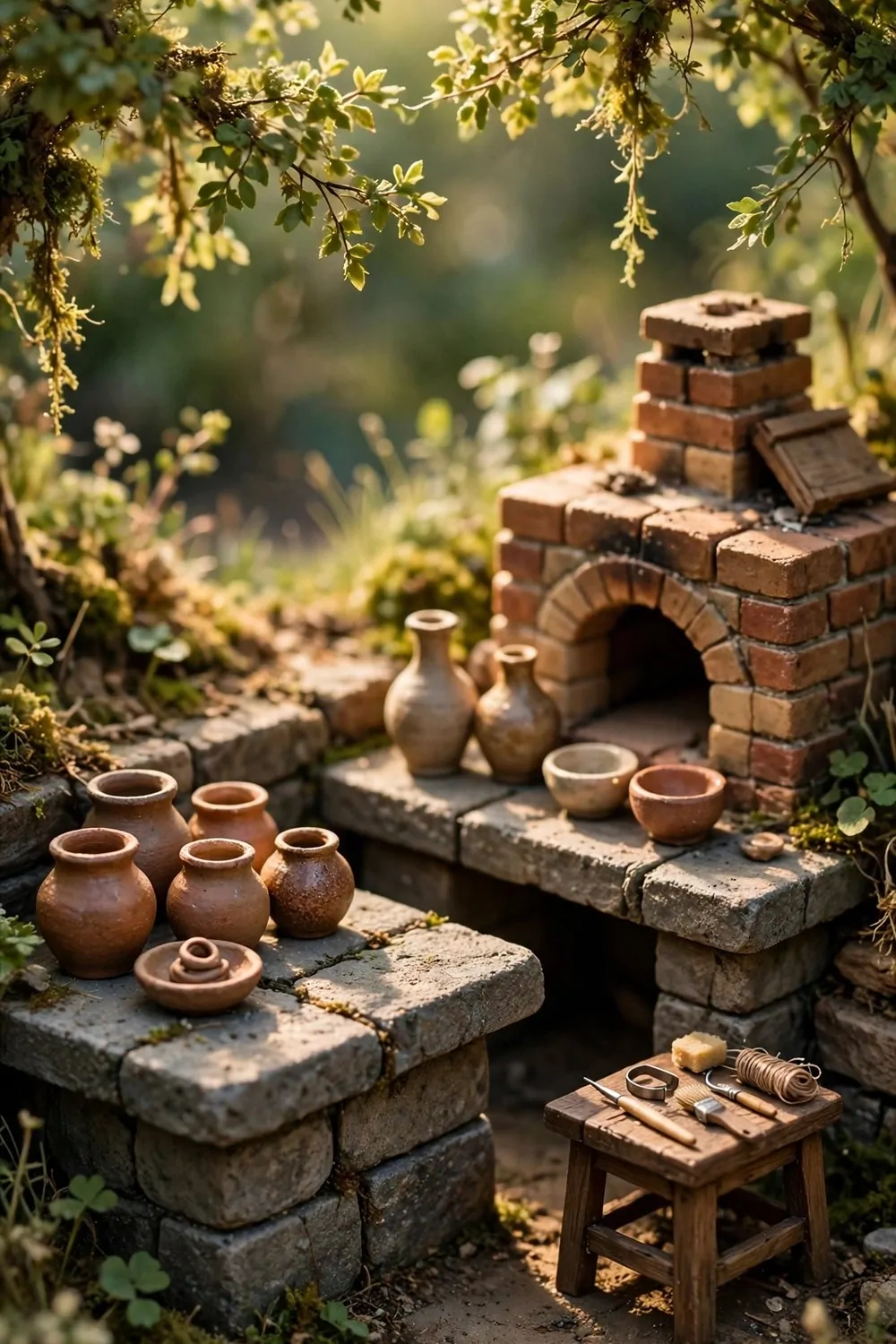 Tiny miniature pottery corner with clay pots on stone tables