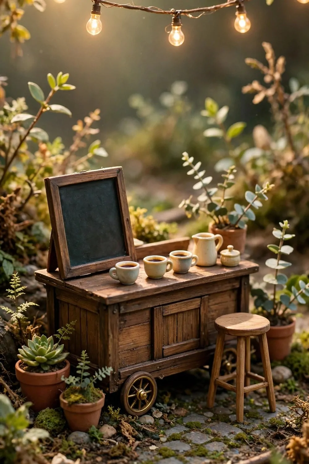 Tiny miniature outdoor coffee stall with a wooden cart and string lights