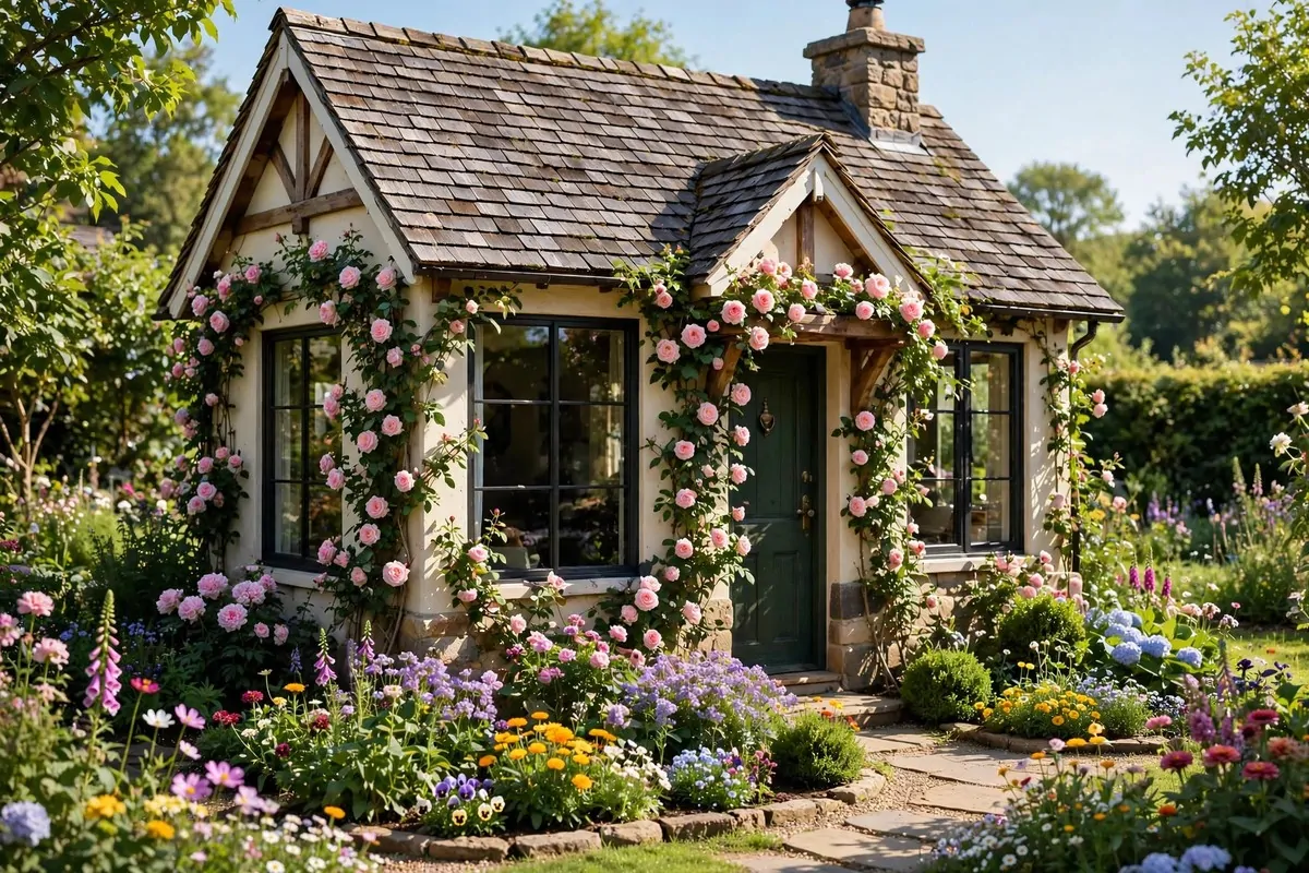 19 Backyard Tiny Home Ideas for a Cozy Hideaway 1 A charming storybook guest cottage tiny home with picture windows and a flower garden in front