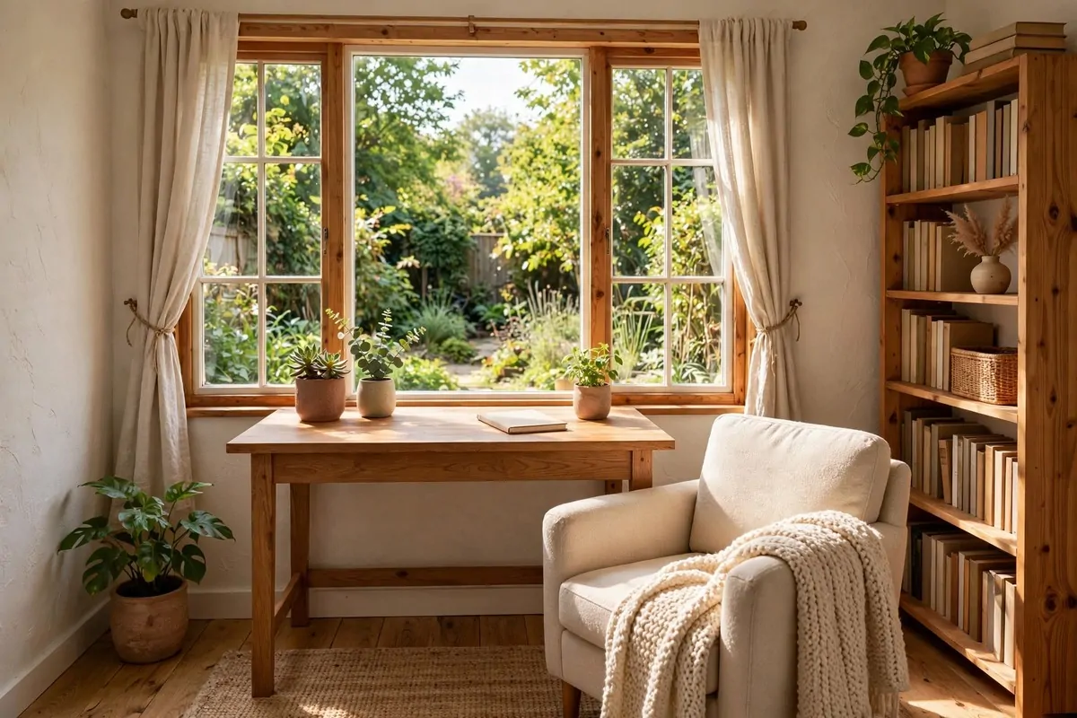 19 Backyard Tiny Home Ideas for a Cozy Hideaway 2 A bright tiny backyard office interior with a wooden desk under a large window, bookshelf and green plant