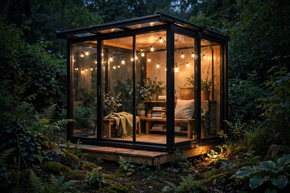 19 Backyard Tiny Home Ideas for a Cozy Hideaway 3 A tiny glass-walled cabin glowing warmly at dusk, surrounded by garden greenery
