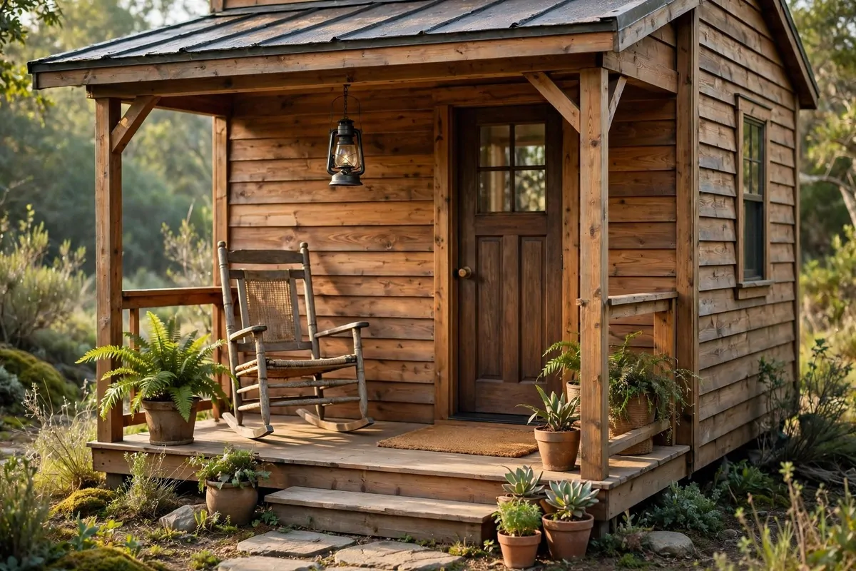19 Backyard Tiny Home Ideas for a Cozy Hideaway 4 A tiny wooden home with a covered front porch, rocking chair, potted plants and a welcome mat