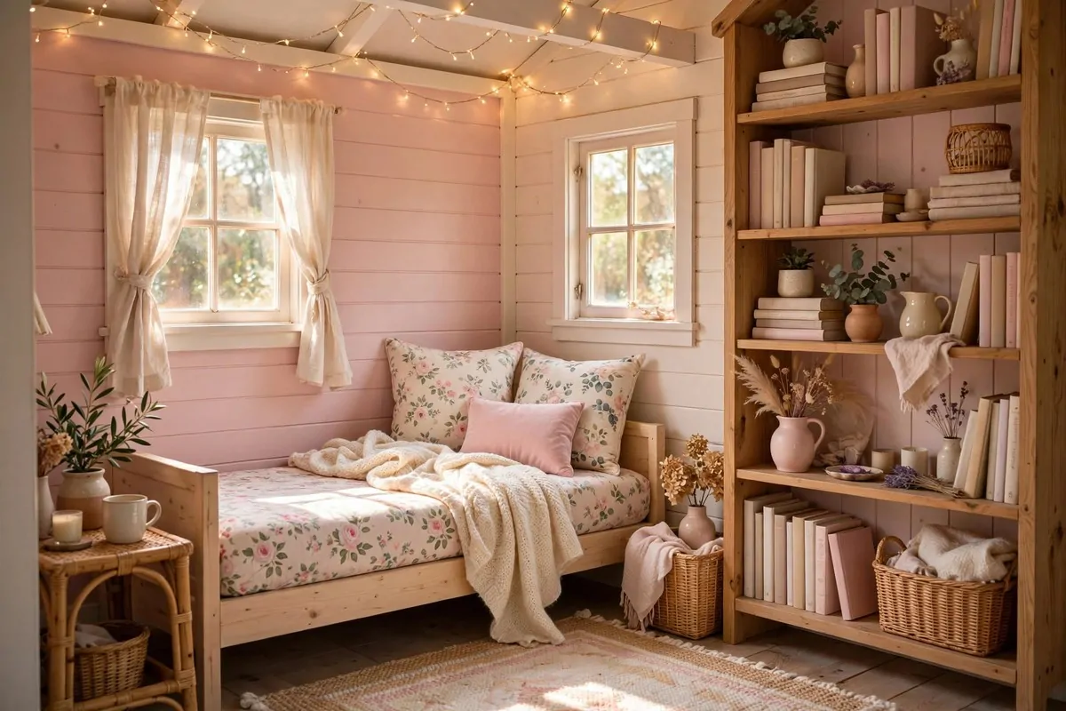 19 Backyard Tiny Home Ideas for a Cozy Hideaway 5 A cozy she shed interior with a small daybed, floral cushions, bookshelf and soft pastel decor