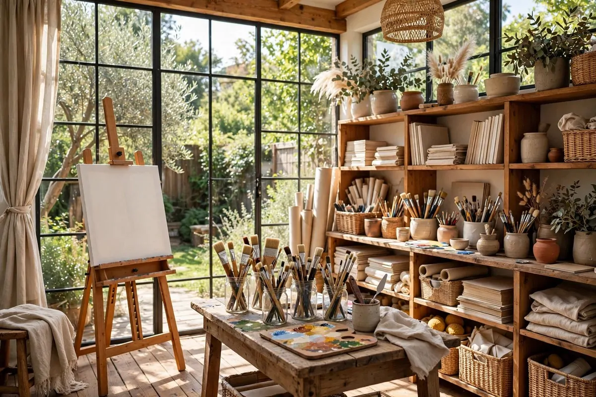 19 Backyard Tiny Home Ideas for a Cozy Hideaway 6 A bright backyard art studio interior with an easel, paint supplies, large north-facing windows and wooden shelves
