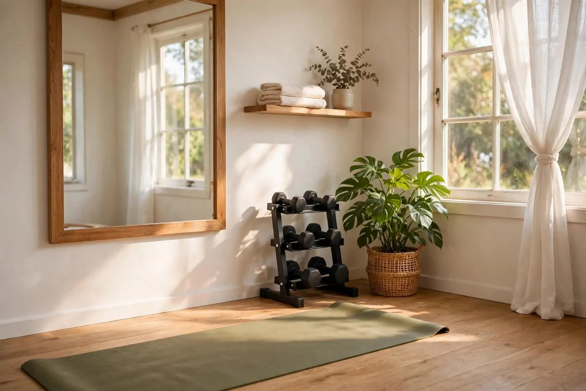 19 Backyard Tiny Home Ideas for a Cozy Hideaway 7 A calm tiny home gym interior with a yoga mat, small dumbbells, a large mirror and a potted plant