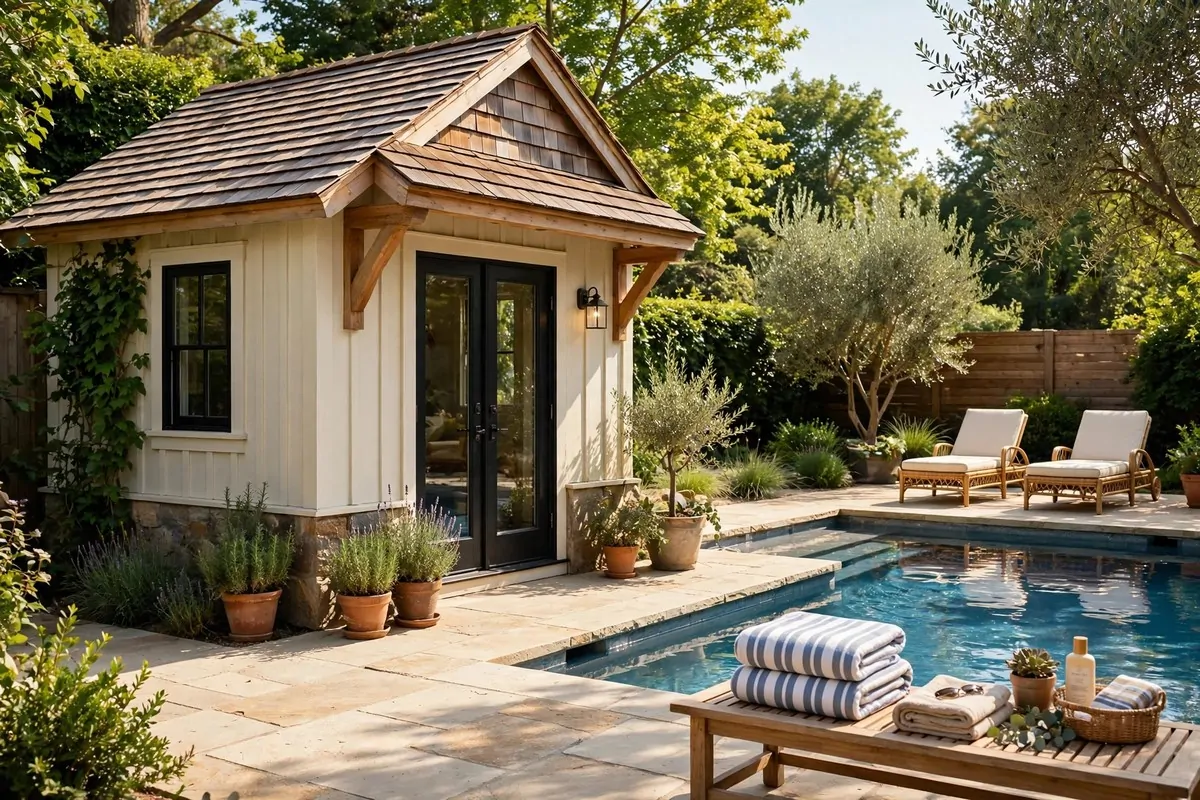 19 Backyard Tiny Home Ideas for a Cozy Hideaway 8 A small pool house cottage beside a backyard swimming pool with lounge chairs and folded striped towels