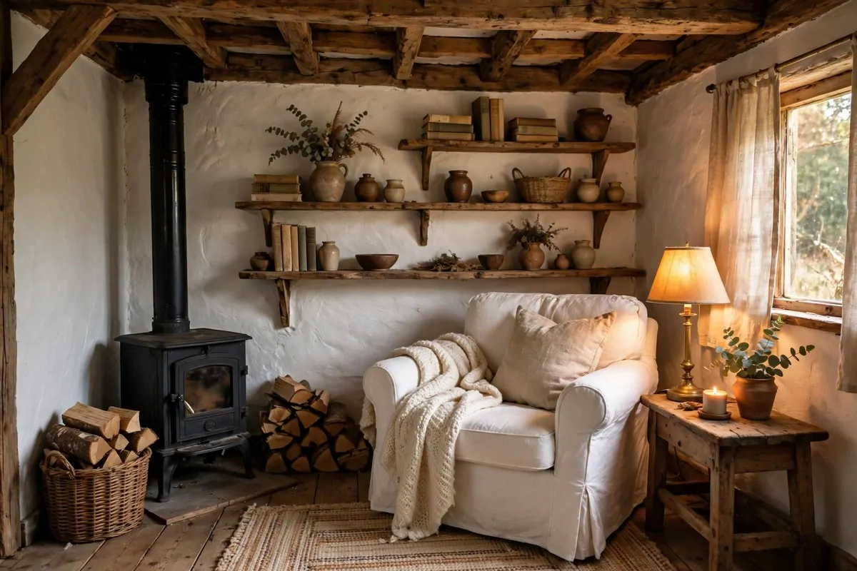 19 Backyard Tiny Home Ideas for a Cozy Hideaway 9 A rustic tiny cottage living room with a small black wood stove, wooden beams, white furniture and warm lamplight