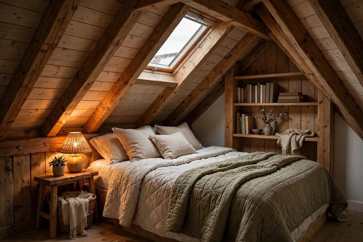 19 Backyard Tiny Home Ideas for a Cozy Hideaway 10 A cozy sleeping loft under a pitched wooden roof with a skylight, quilted bedding and a small bookshelf