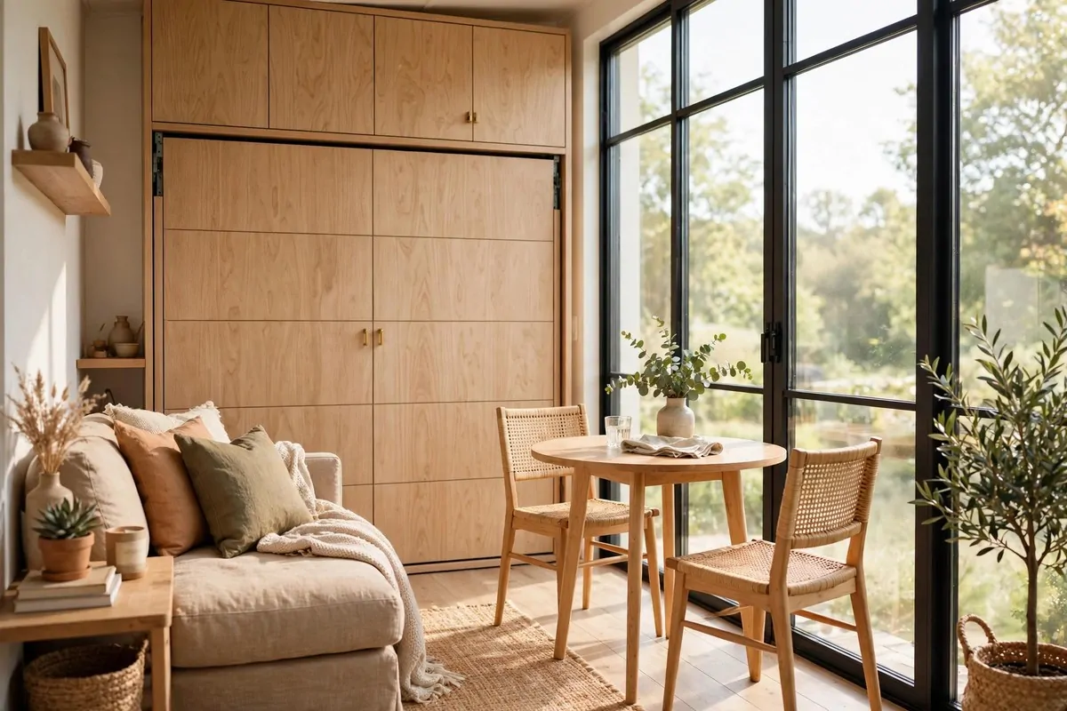 19 Backyard Tiny Home Ideas for a Cozy Hideaway 11 A bright compact tiny home living room with a folded wall bed cabinet, large windows and a small dining table