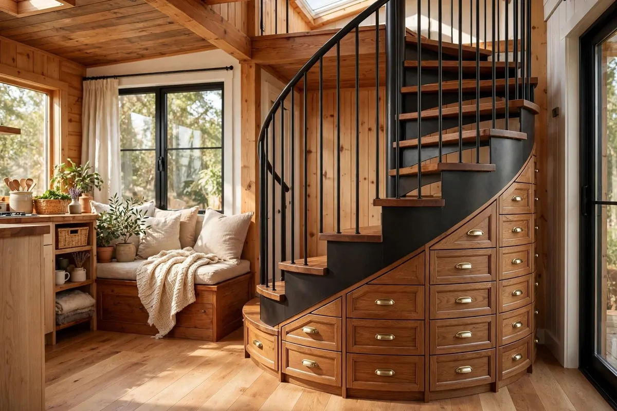 19 Backyard Tiny Home Ideas for a Cozy Hideaway 12 A metal spiral staircase in a tiny home with built-in storage drawers under the steps and warm wooden flooring