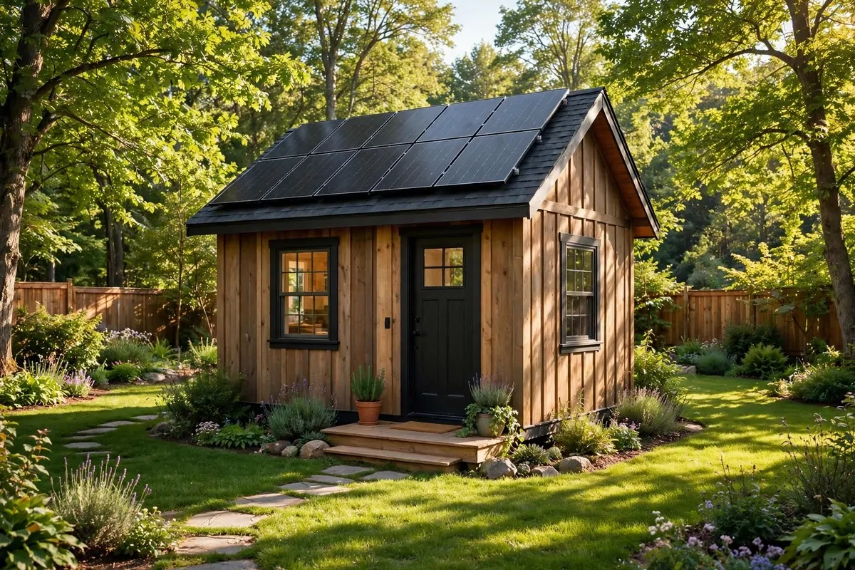 19 Backyard Tiny Home Ideas for a Cozy Hideaway 13 A small cottage tiny home with solar panels on its sloped roof, surrounded by a sunny green backyard