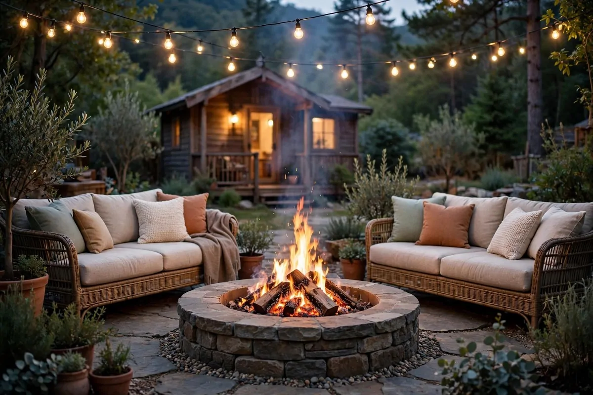 19 Backyard Tiny Home Ideas for a Cozy Hideaway 14 A backyard fire pit lounge at dusk with outdoor sofas, glowing string lights and a small cabin behind