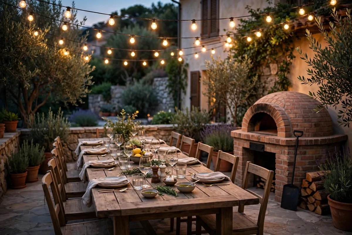 19 Backyard Tiny Home Ideas for a Cozy Hideaway 15 A backyard outdoor dining terrace with a wooden bistro table, chairs and a small brick pizza oven