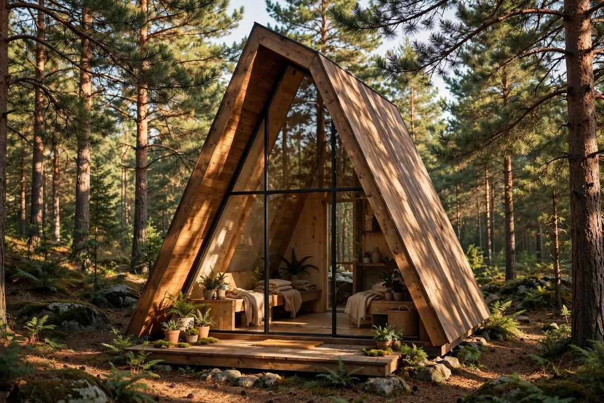 19 Backyard Tiny Home Ideas for a Cozy Hideaway 16 A small A-frame tiny cabin with a tall glass front wall, set among pine trees in a backyard