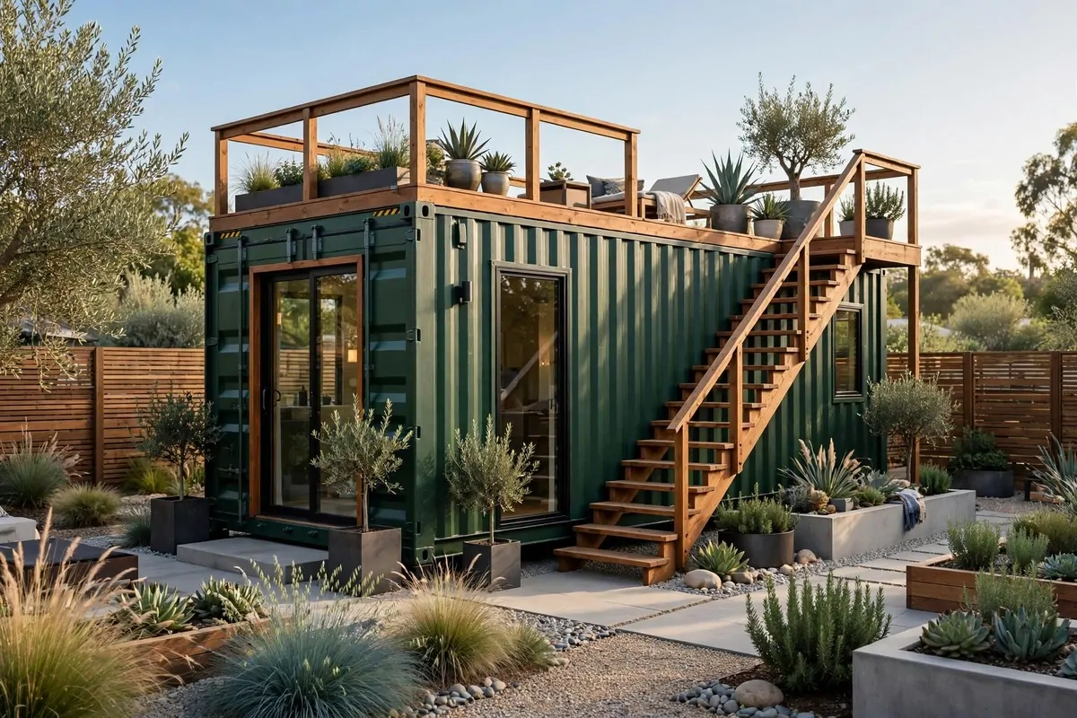 19 Backyard Tiny Home Ideas for a Cozy Hideaway 17 A modern shipping container tiny home with a wooden staircase leading to a rooftop deck, in a landscaped backyard