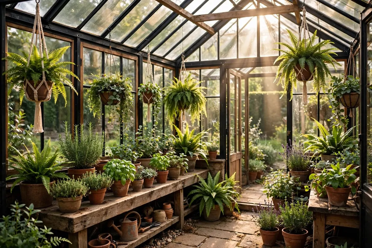 19 Backyard Tiny Home Ideas for a Cozy Hideaway 18 A greenhouse-style glass cottage tiny home filled with lush houseplants, wooden benches and hanging planters