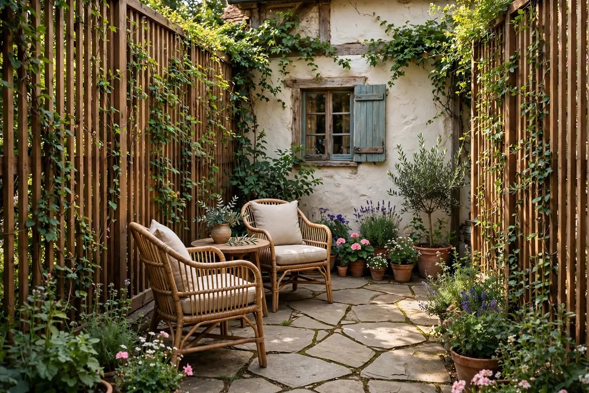 19 Backyard Tiny Home Ideas for a Cozy Hideaway 19 A private backyard courtyard with wooden privacy screens, climbing plants, a small cottage and a stone patio