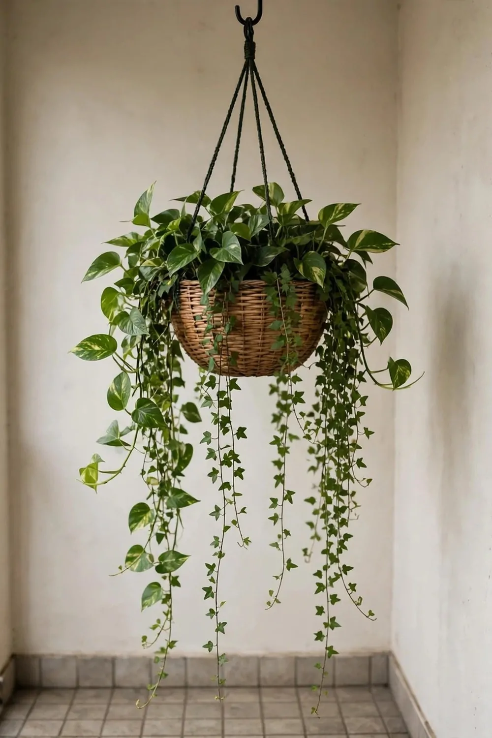 A hanging basket with trailing green plants on a small balcony, soft daylight