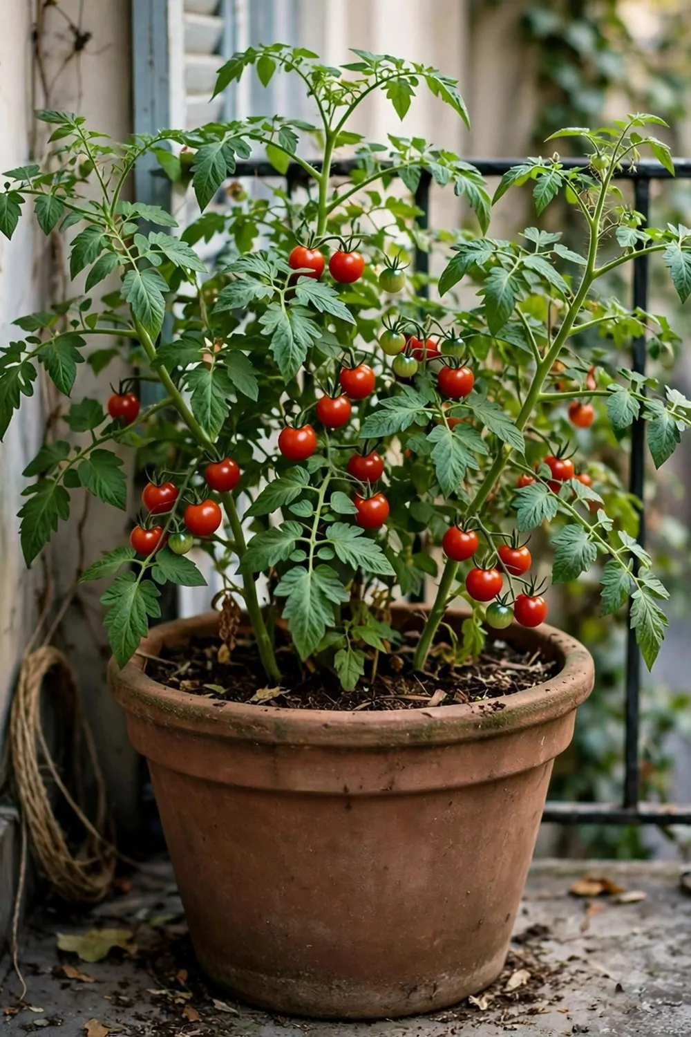 A tomato plant in a large pot on a small balcony, green leaves and small red tomatoes