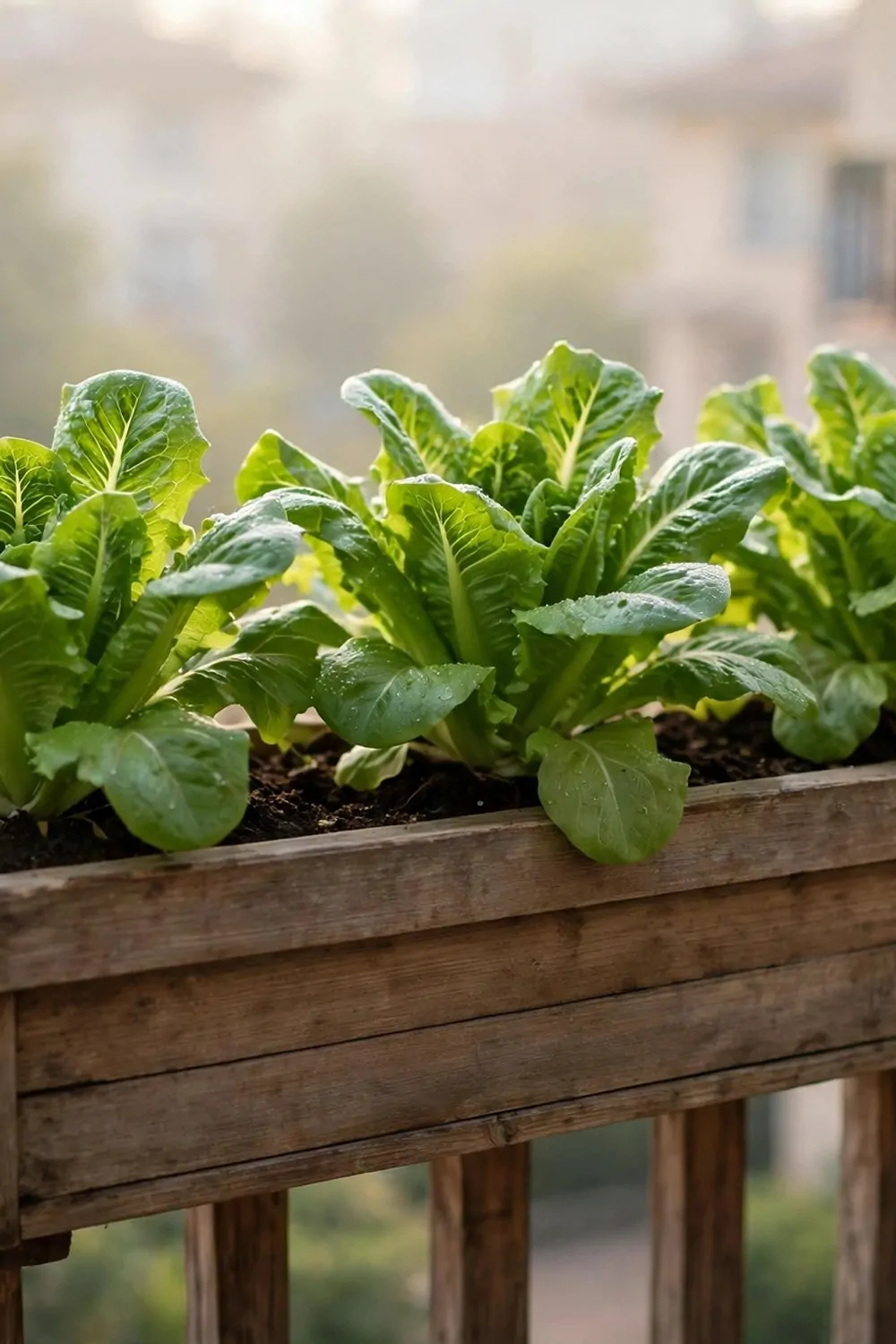Green lettuce growing in a wooden window box on a balcony, soft morning light