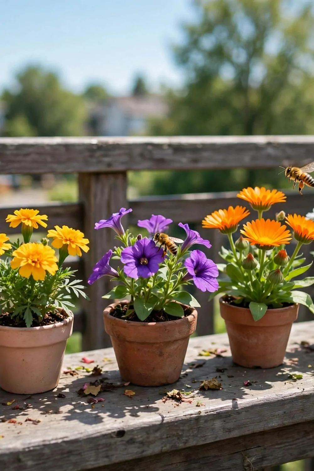 Colourful flowers in small pots on a balcony, bees nearby, bright daylight