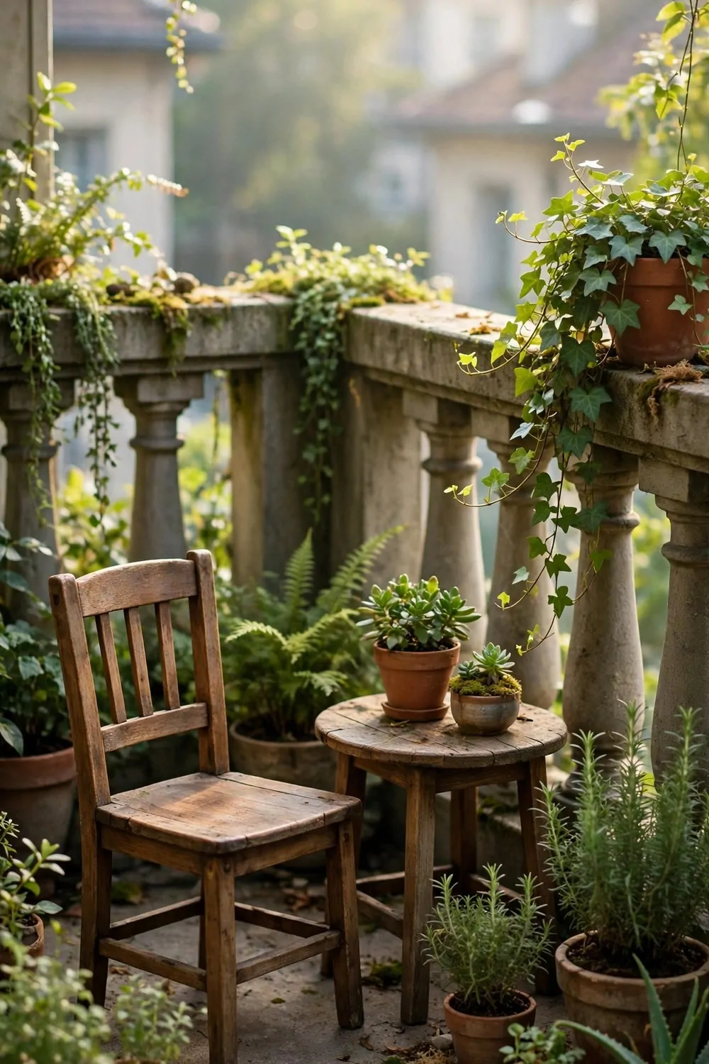 A small wooden chair and tiny table on a balcony garden, morning light, calm outdoor spot