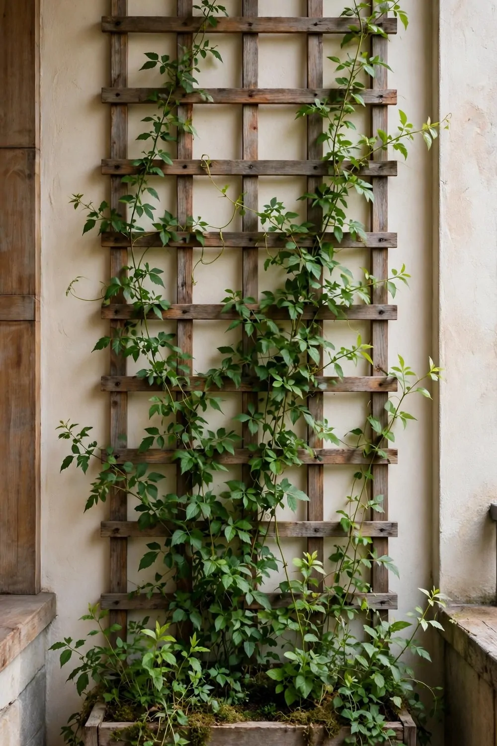 Climbing green plants growing up a wooden trellis on a balcony wall, soft light