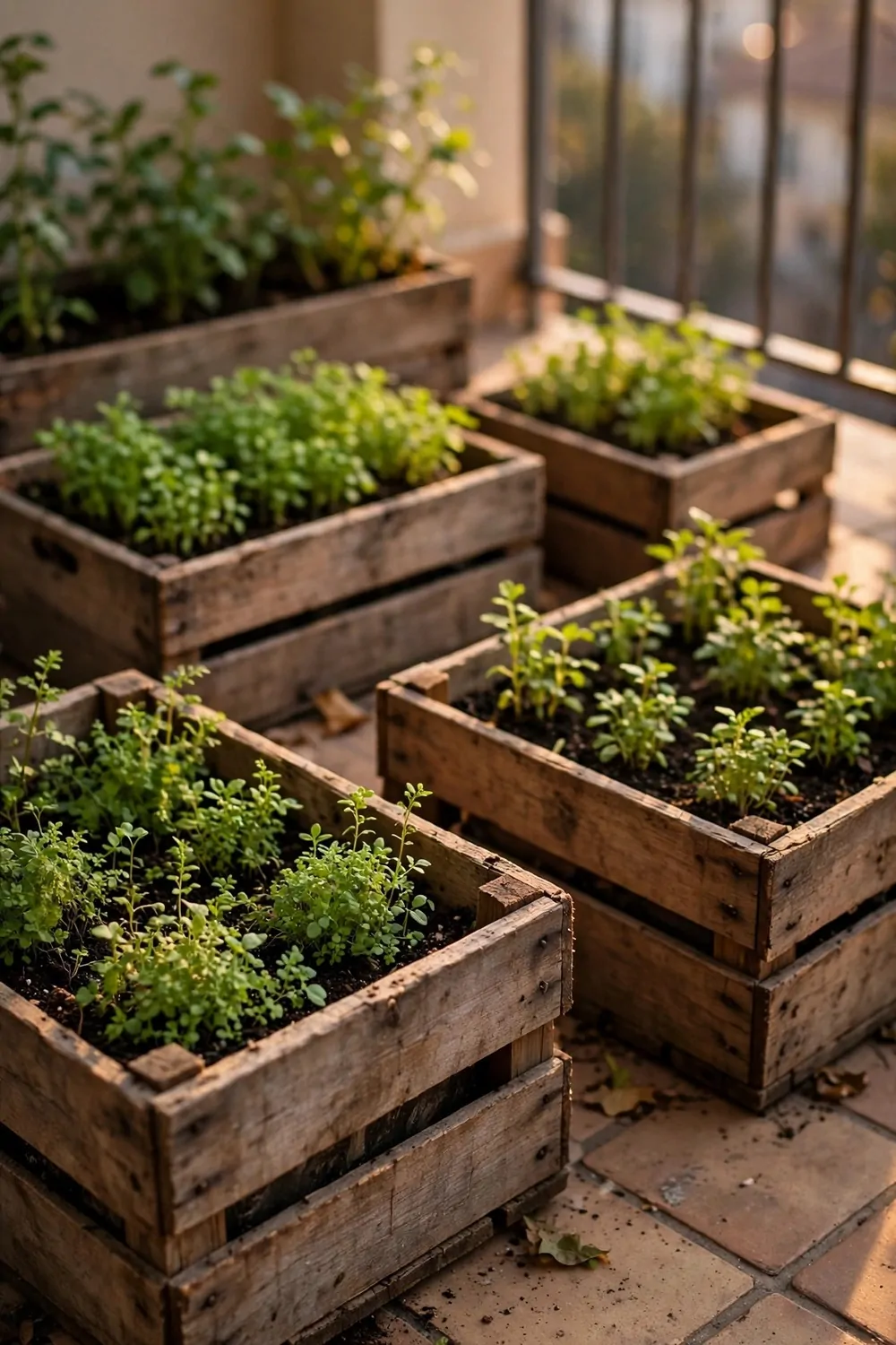 A wooden crate garden with small green plants on a balcony floor, warm light