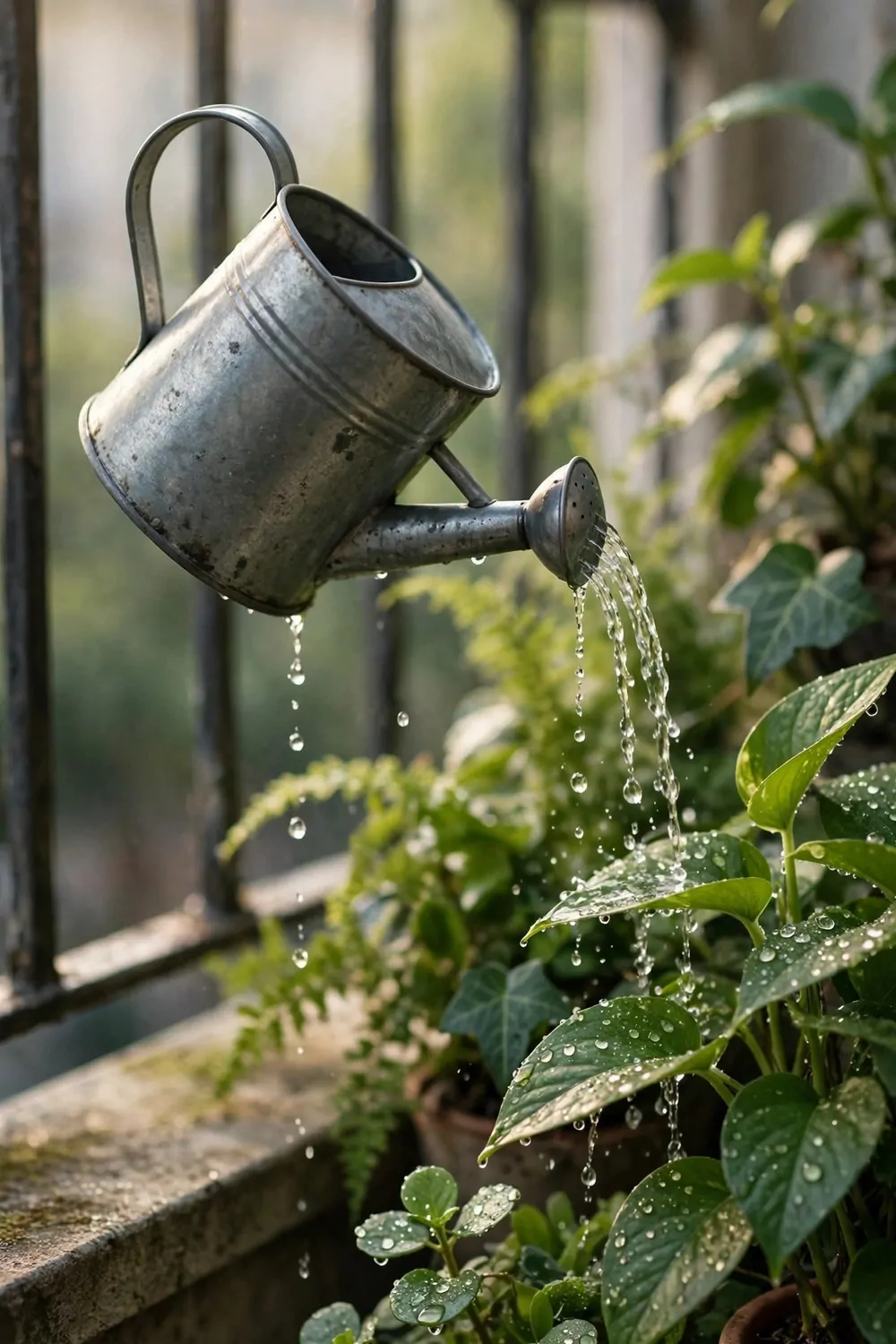 A small watering can watering green plants on a balcony, droplets on leaves, morning light