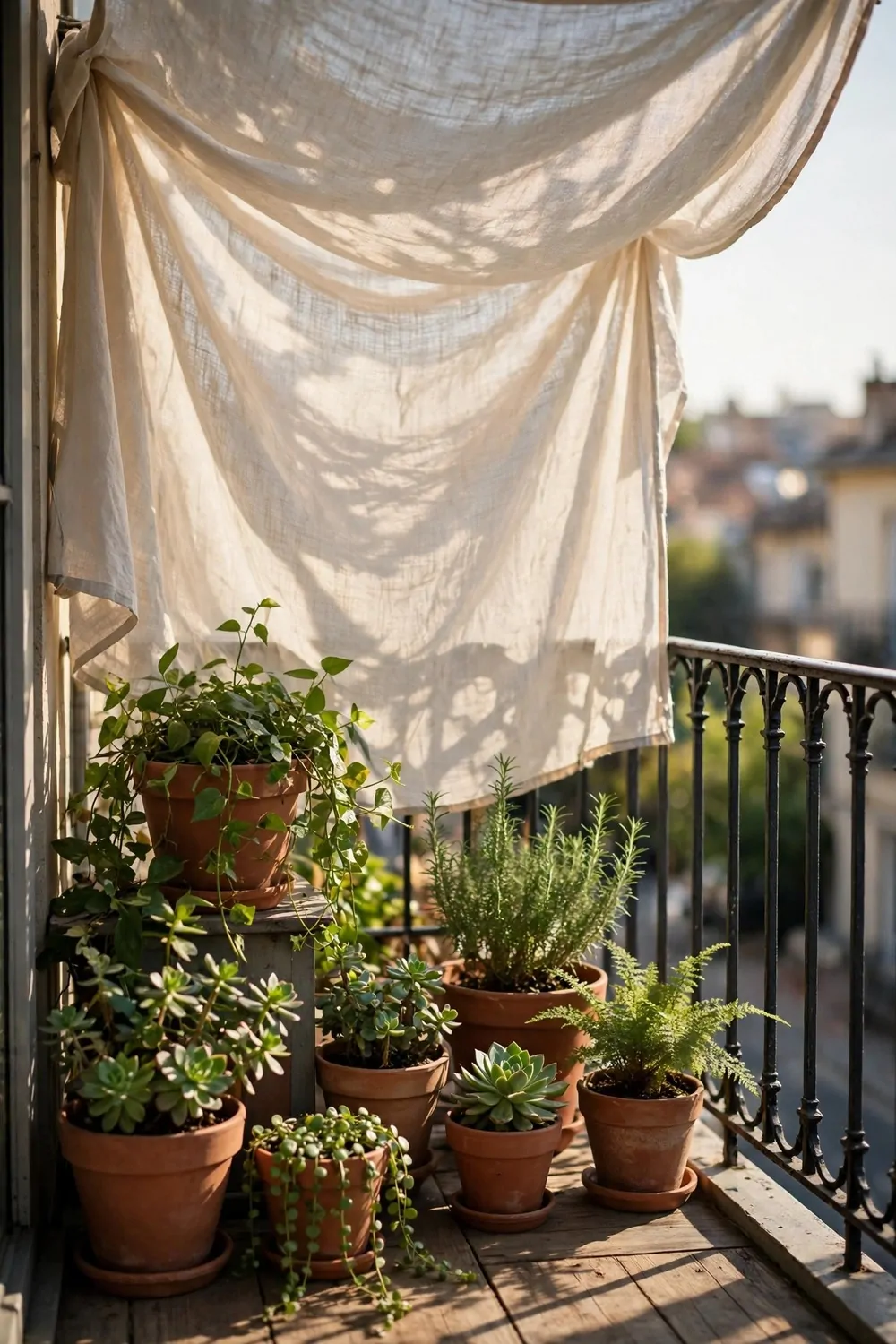 A light cloth shade over balcony plants on a hot afternoon, soft shadows