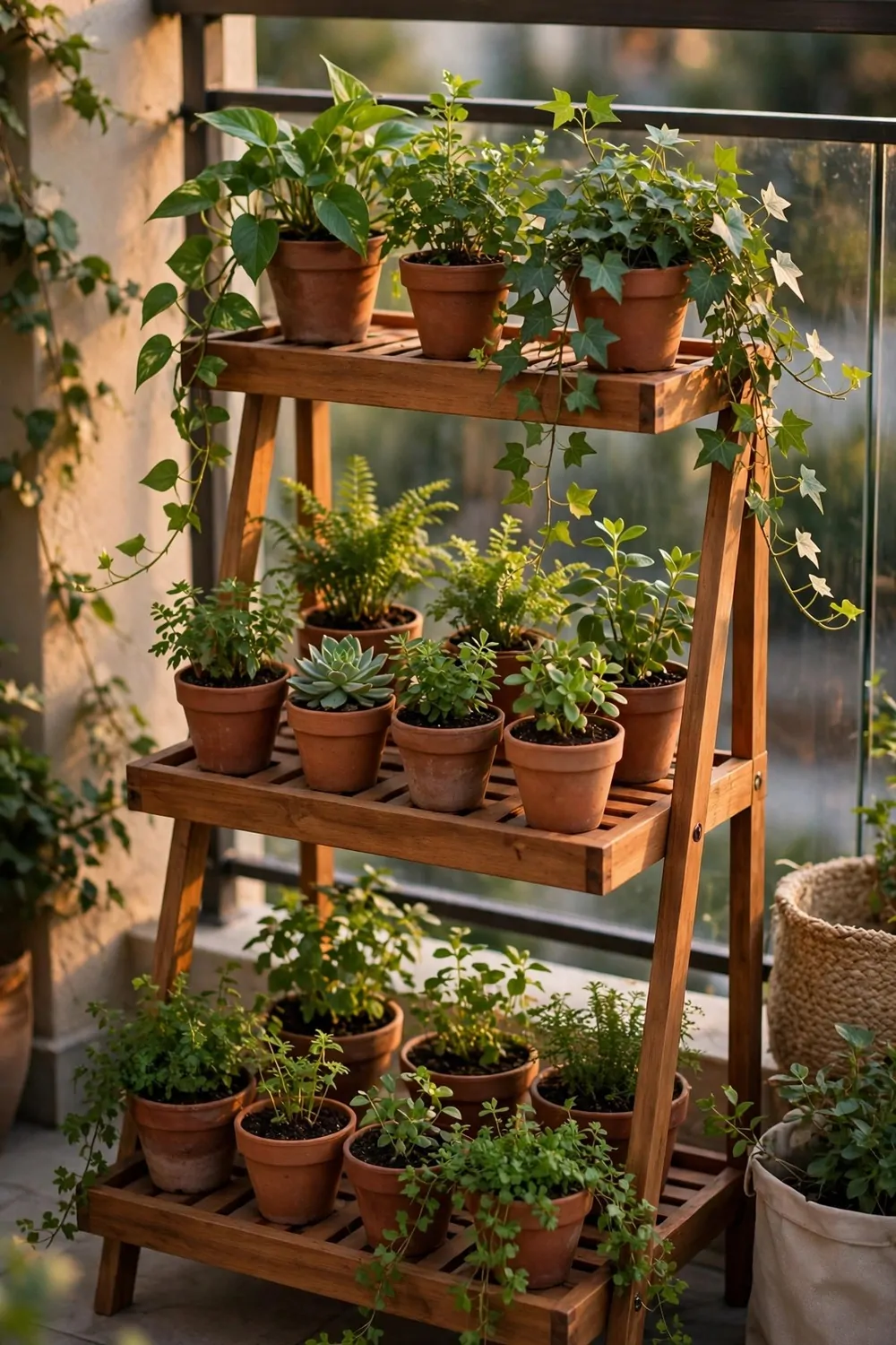 Plant stands in layers with small pots on a balcony, green leaves, warm light