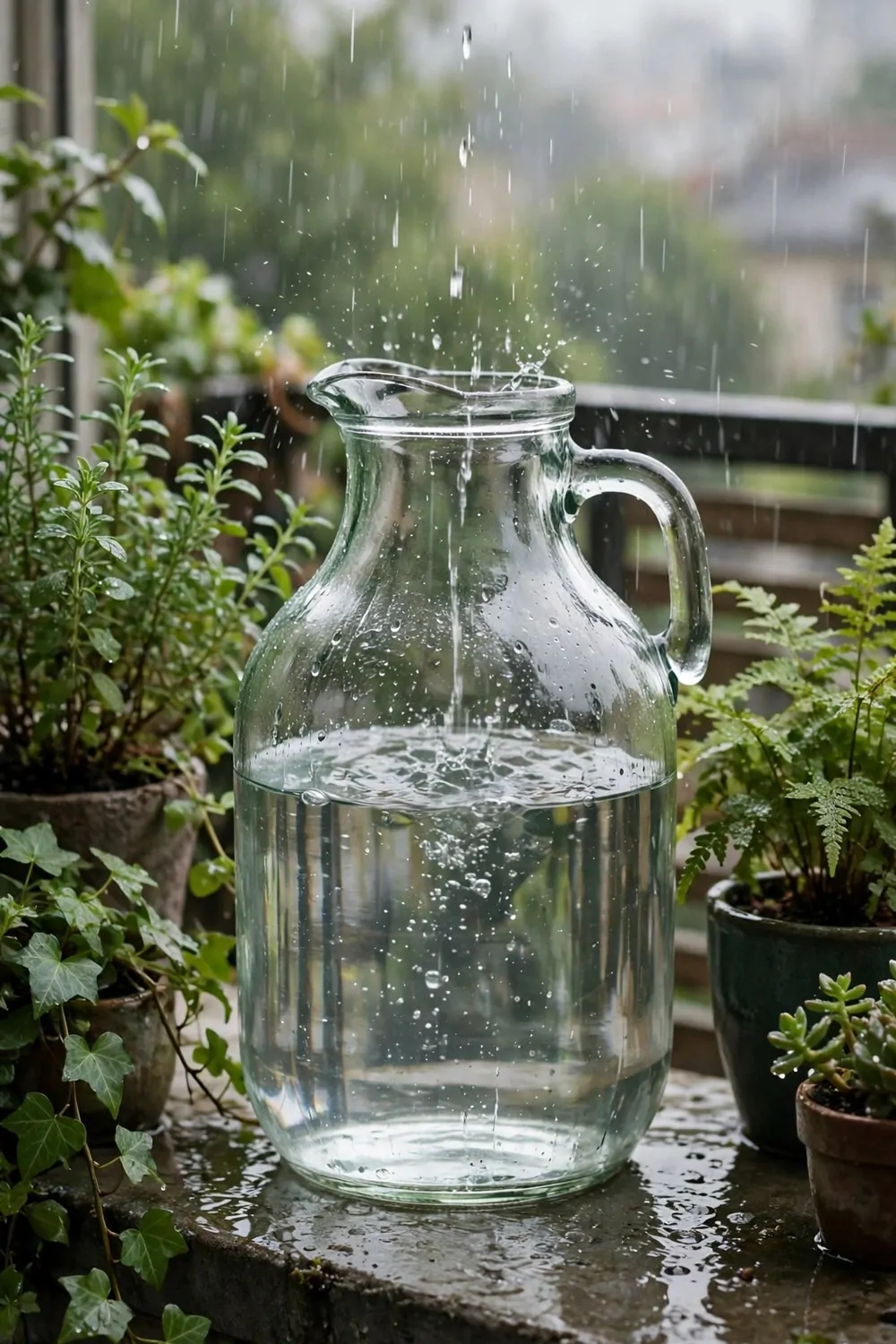A glass jug catching rain water on a balcony, green plants nearby, soft light