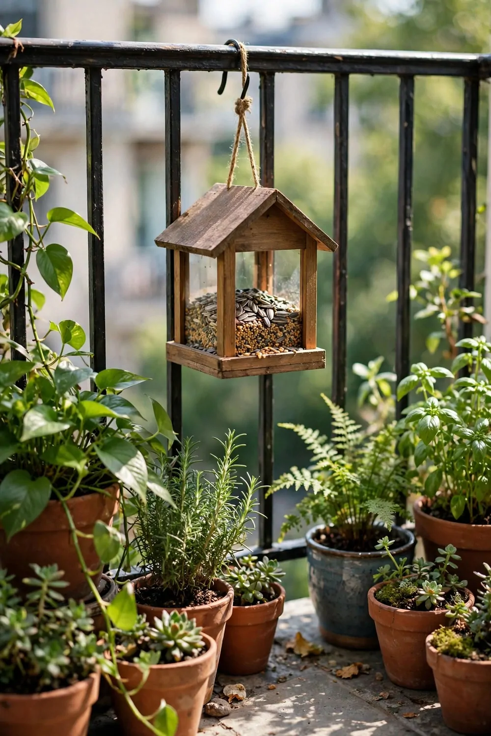 A small bird feeder hanging on a balcony railing, seeds inside, green plants nearby