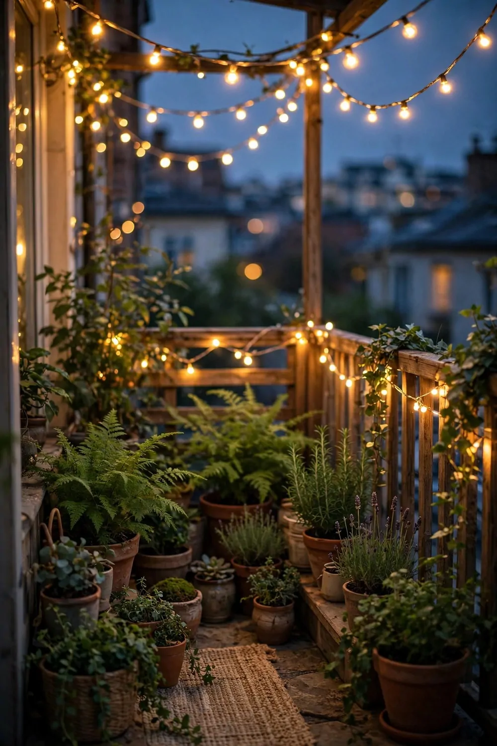Warm fairy lights glowing over a small balcony garden at dusk, soft light