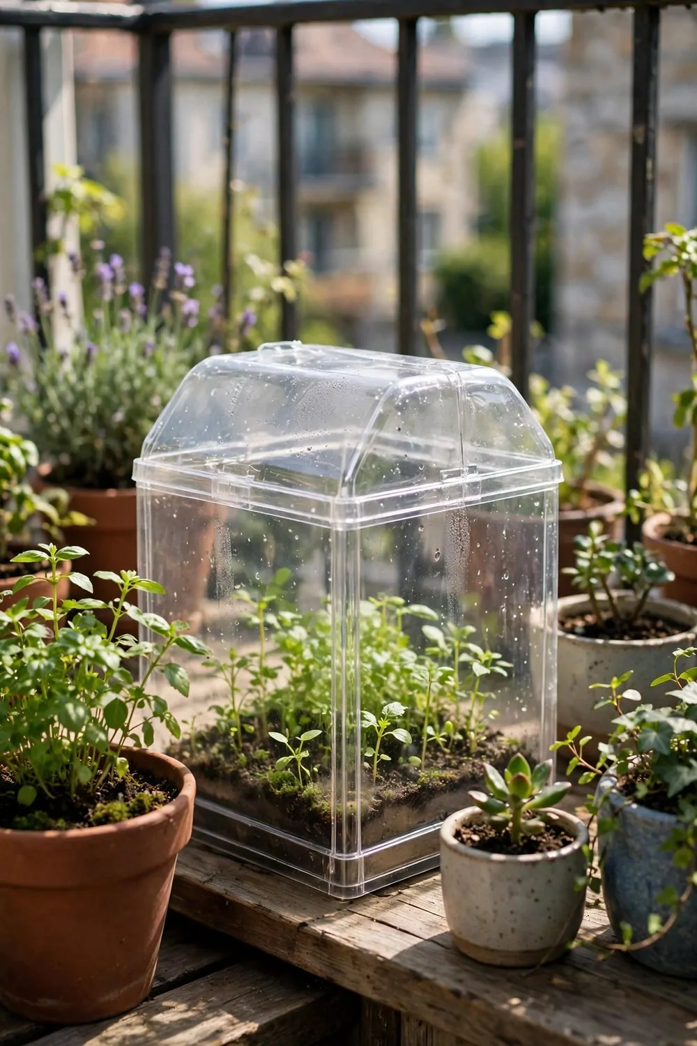 A clear plastic box used as a tiny greenhouse over small plants on a balcony